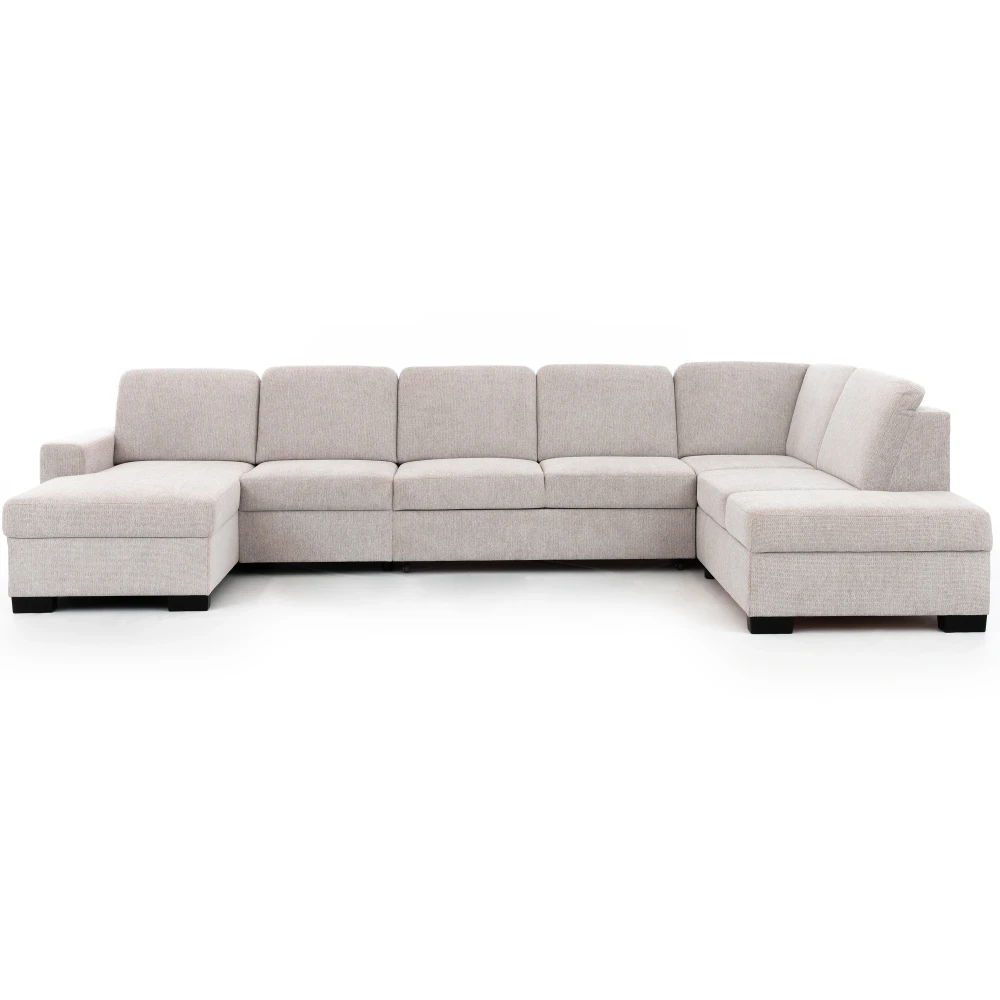 Narożnik Torentino w jasnym, kremowym odcieniu łączy elegancki design z funkcjonalnością. Model wyposażono w funkcję spania oraz praktyczny pojemnik, dzięki czemu sprawdzi się zarówno na co dzień, jak i dla gości.
