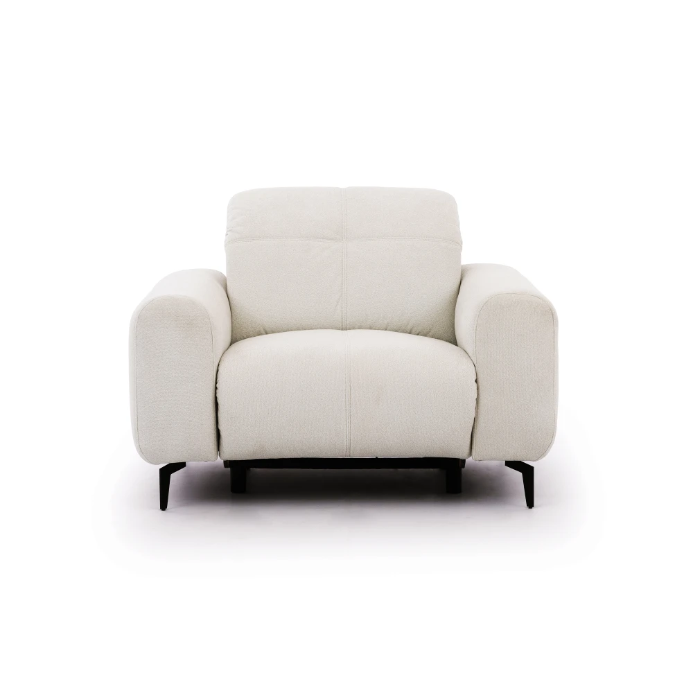 Nowoczesny fotel tapicerowany w kolorze ecru łączy komfort i elegancki design. Miękka tkanina, szerokie podłokietniki oraz stabilna konstrukcja zapewniają wygodę i doskonale uzupełniają nowoczesne wnętrza.