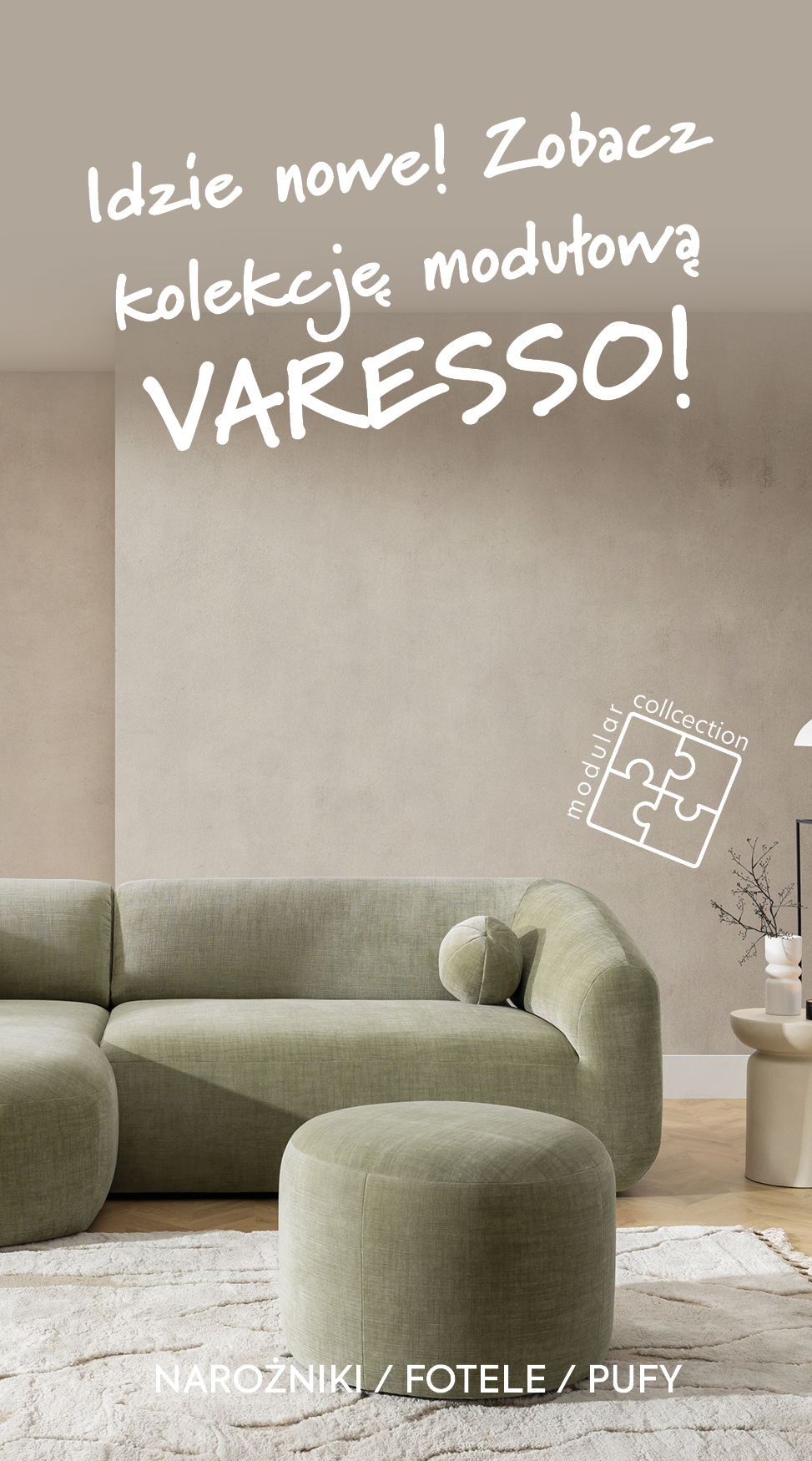 Narożnik Varesso w kolorze zielonym z komfortowym siedziskiem i oparciem. Poduszki  okrągłe w komplecie.