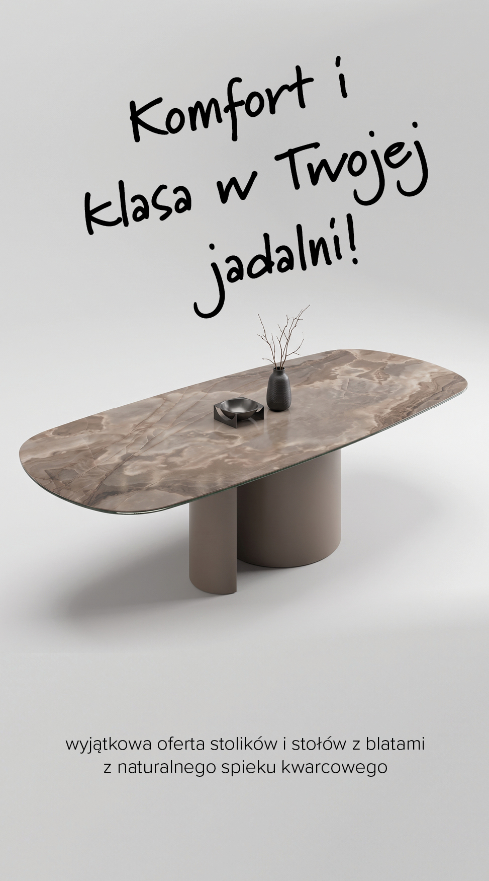 stół z blatem ze spieku kwarcowego na podstawie kolumnowej