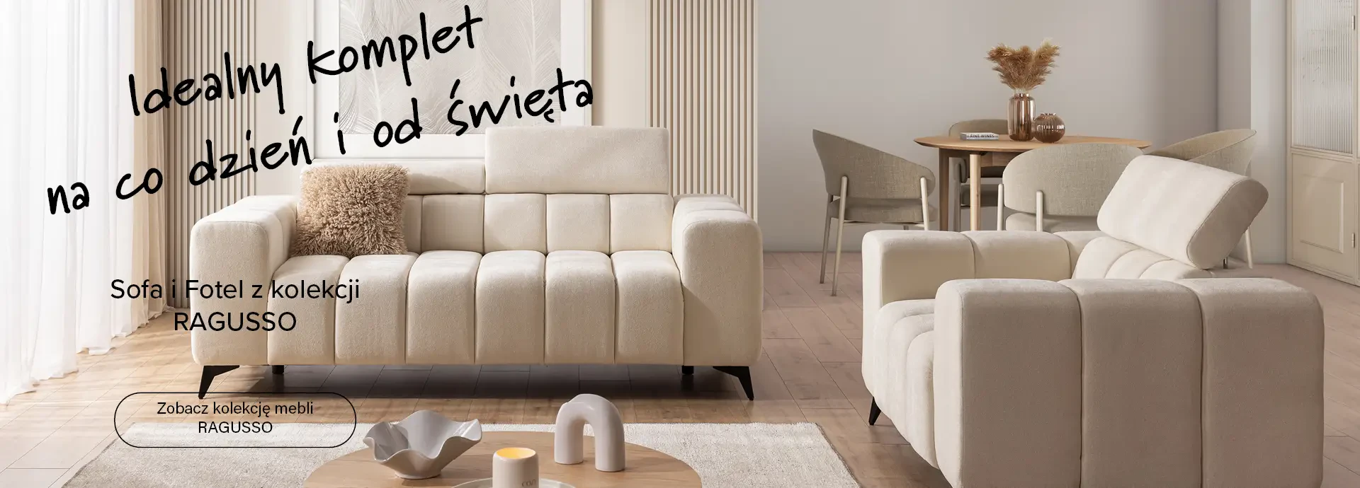 zestaw sofa i fotel z kolekcji RAGUSSO, regulowane zagłówki, wysokie nóżki, dostęp dla robotów sprzątających.
