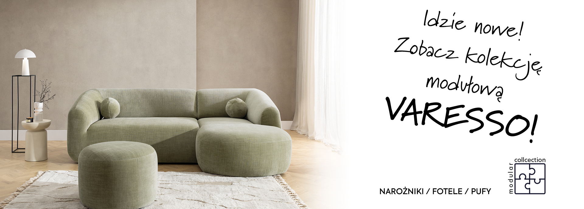 Narożnik modułowy Varesso z komfortowym siedziskiem i oparciem. W komplecie dwie okrągłe  poduszki typu "piłka".