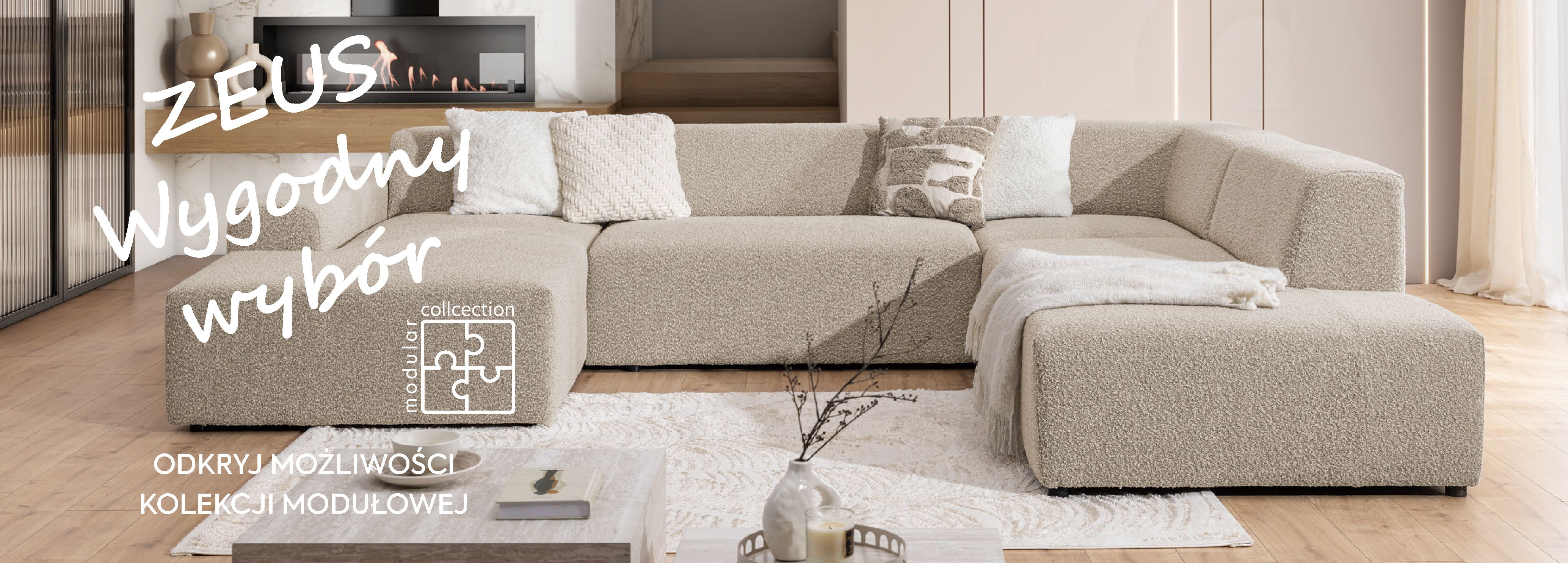 duży narożnik ZEUS w układzie U w jasnej tkaninie w nowoczesnym wnętrzu