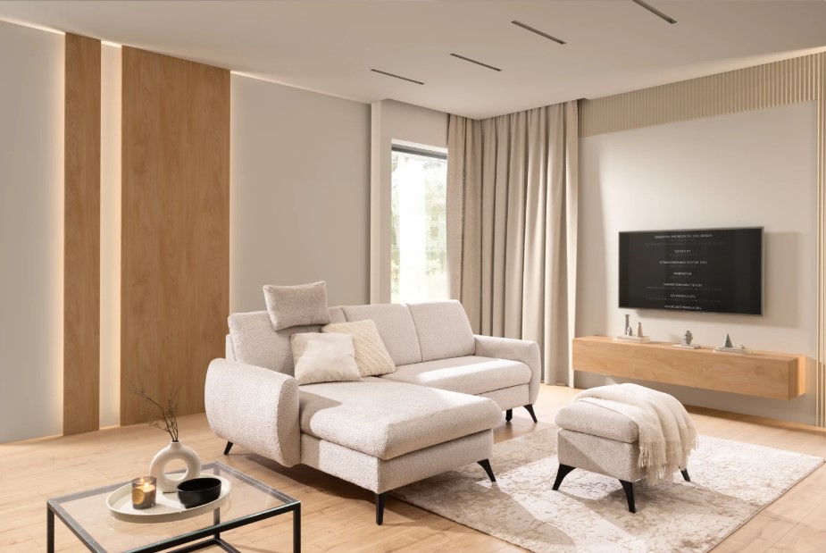 Biały narożnik w nowoczesnym salonie